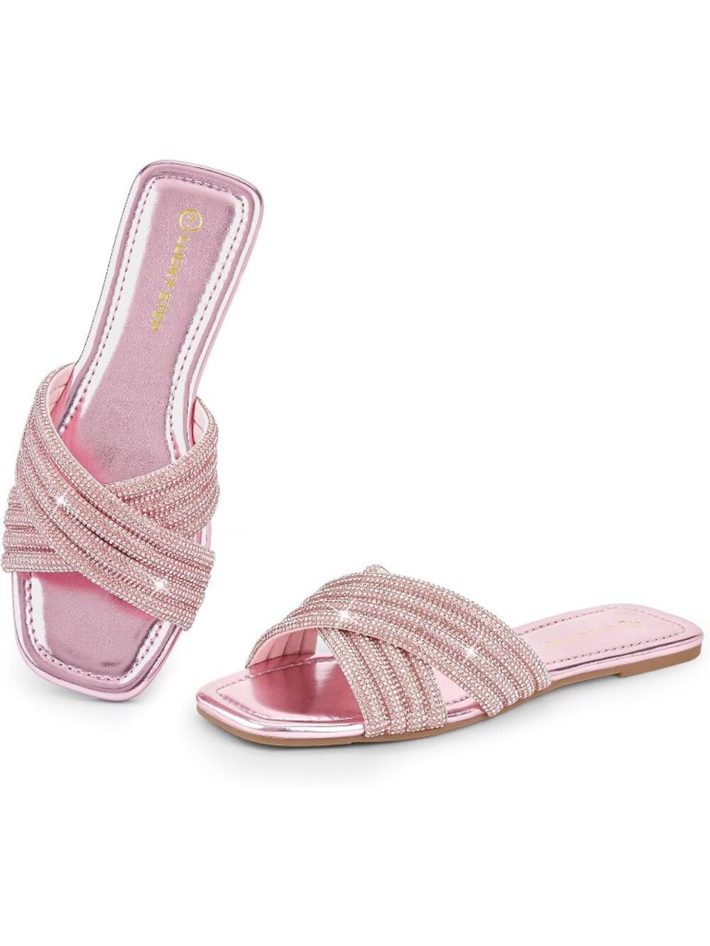 🆕Women's Light Pink Rhinestone Flat Sandals Glitter Slide Sparkle Open Toe